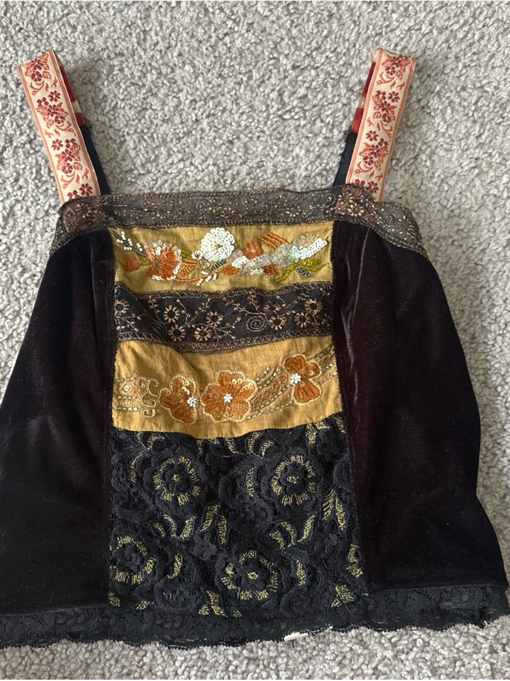 Free People Black and Gold Embroidered Velvet Crop Top